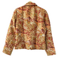 Back view of vintage paisley print jacket in gold and red tones with long sleeves and notched collar
