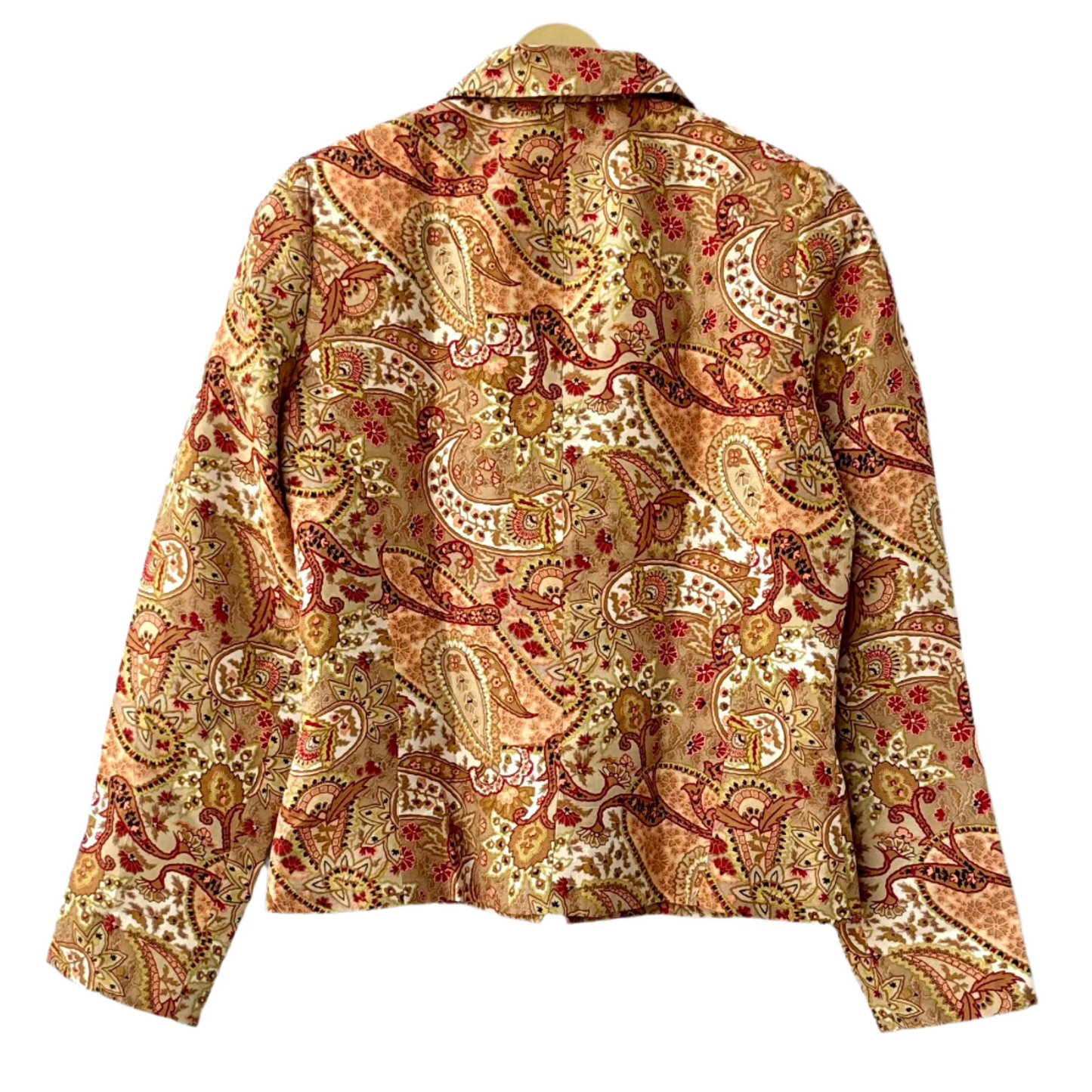 Back view of vintage paisley print jacket in gold and red tones with long sleeves and notched collar