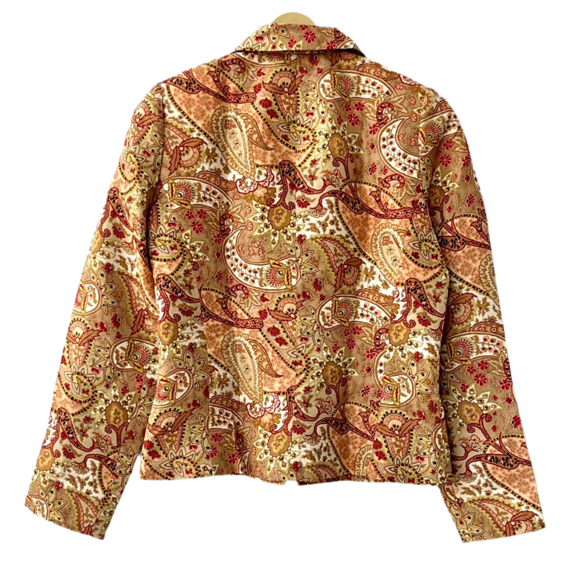 Back view of vintage paisley print jacket in gold and red tones with long sleeves and notched collar
