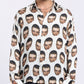 Stylera bold print casual shirt featuring a unique pattern of stylized faces on a light background