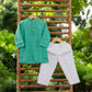 Boys festive kurta pajama set in green and white for traditional celebrations and festive occasions