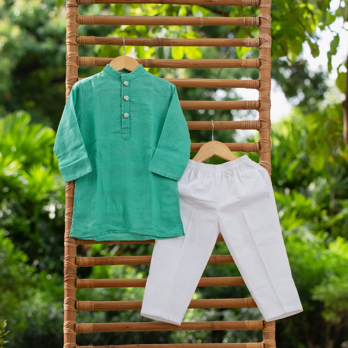 Boys festive kurta pajama set in green and white for traditional celebrations and festive occasions