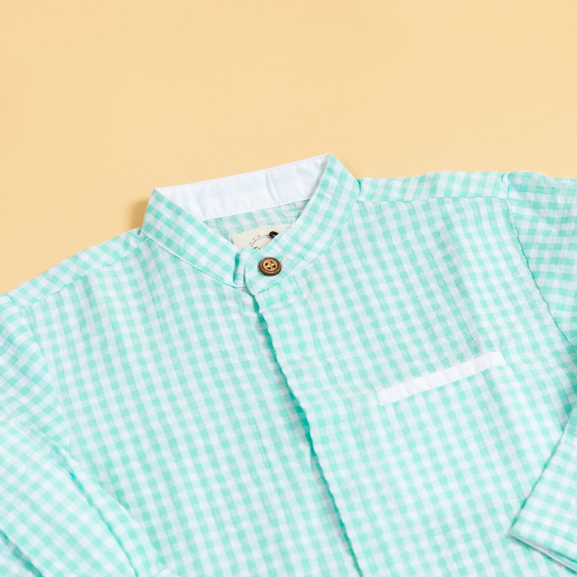 Stylera long sleeve mint green shirt for boys with a checkered pattern and rounded collar