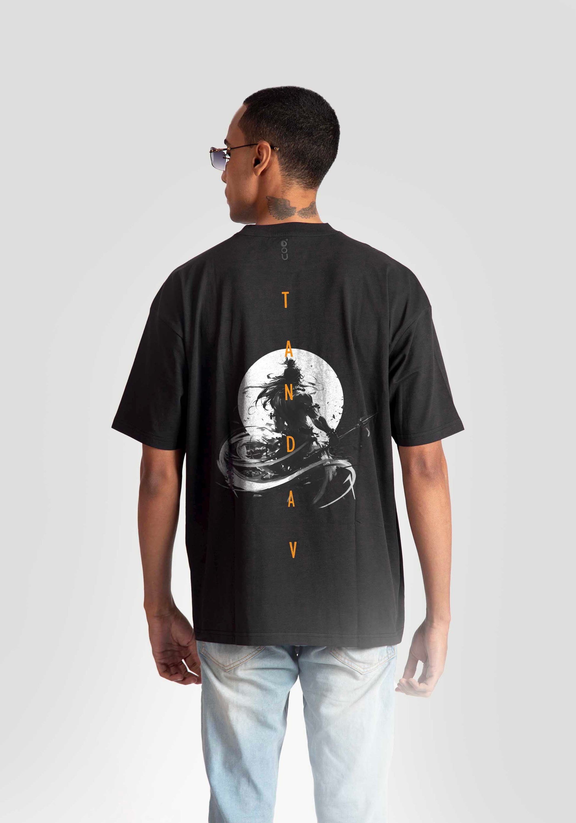 Back view of charcoal black oversized t-shirt by Stylera Lifestyle with graphic moon and astronaut design