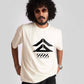 Stylera cyberpunk oversized t-shirt in white with black futuristic graphic worn by man with curly hair and sunglasses