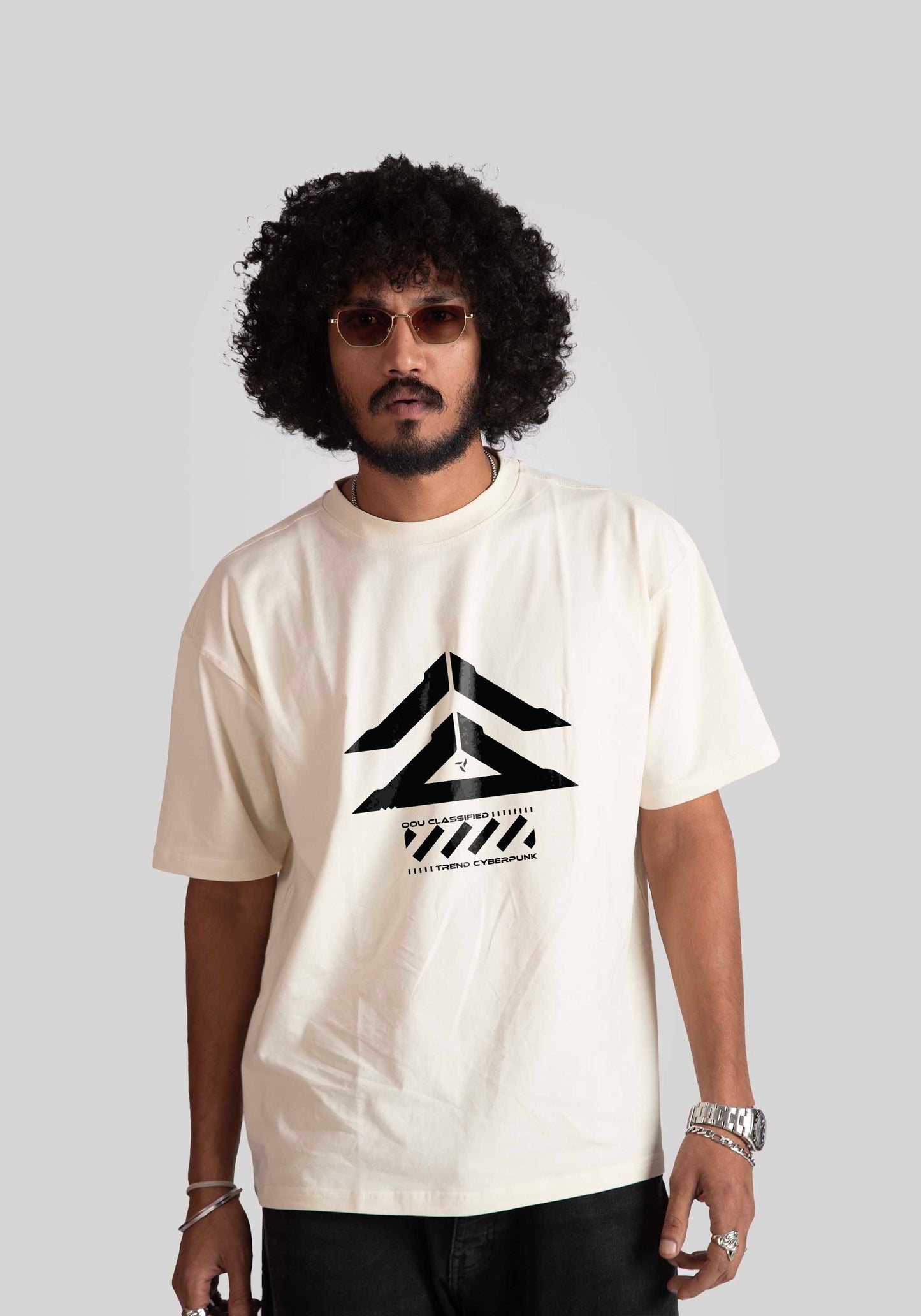Stylera cyberpunk oversized t-shirt in white with black graphic print worn by male model