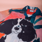 Stylera men's printed resort shirt featuring button up camp collar colorful abstract print and large dog portrait