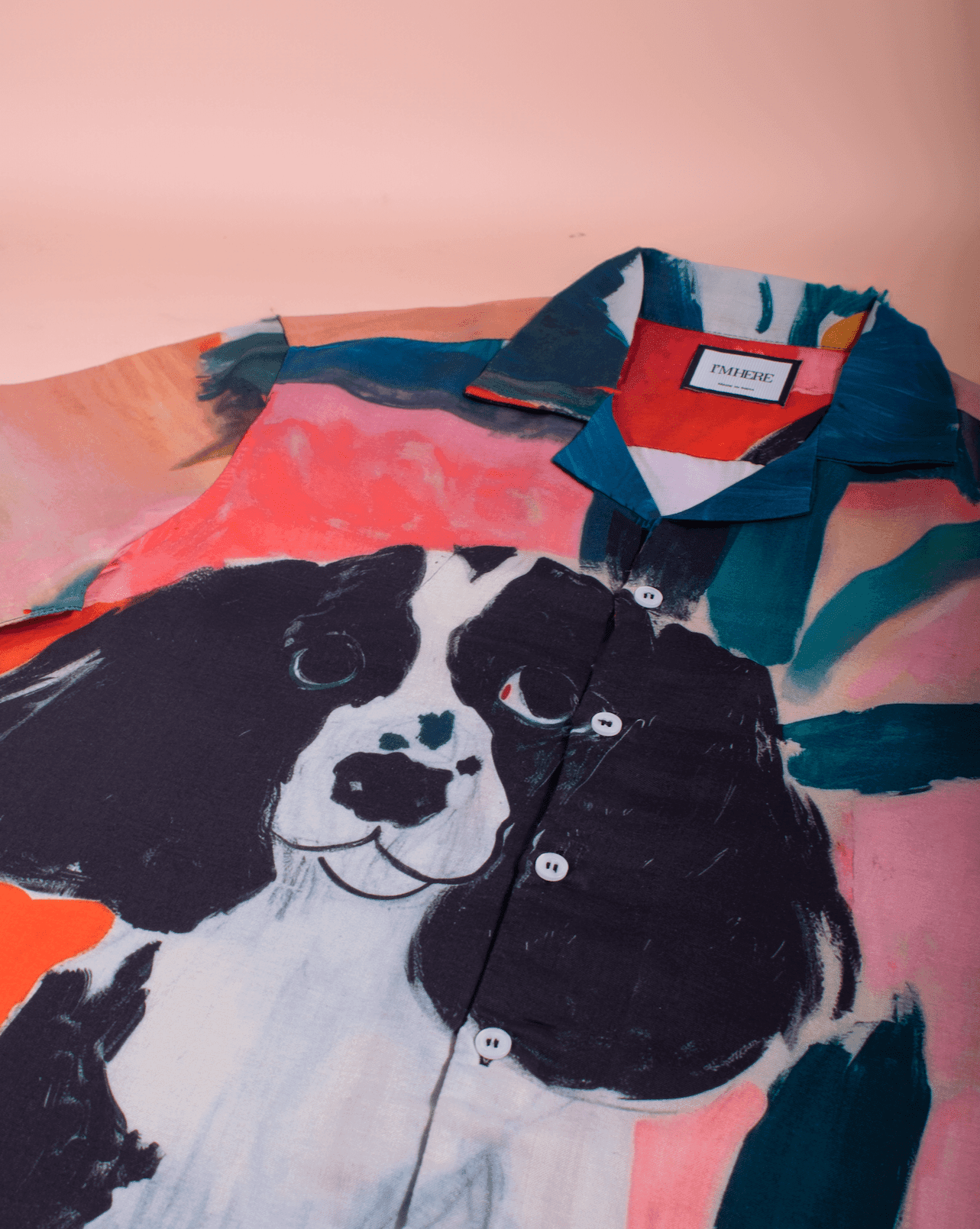 Stylera men's printed resort shirt featuring button up camp collar colorful abstract print and large dog portrait