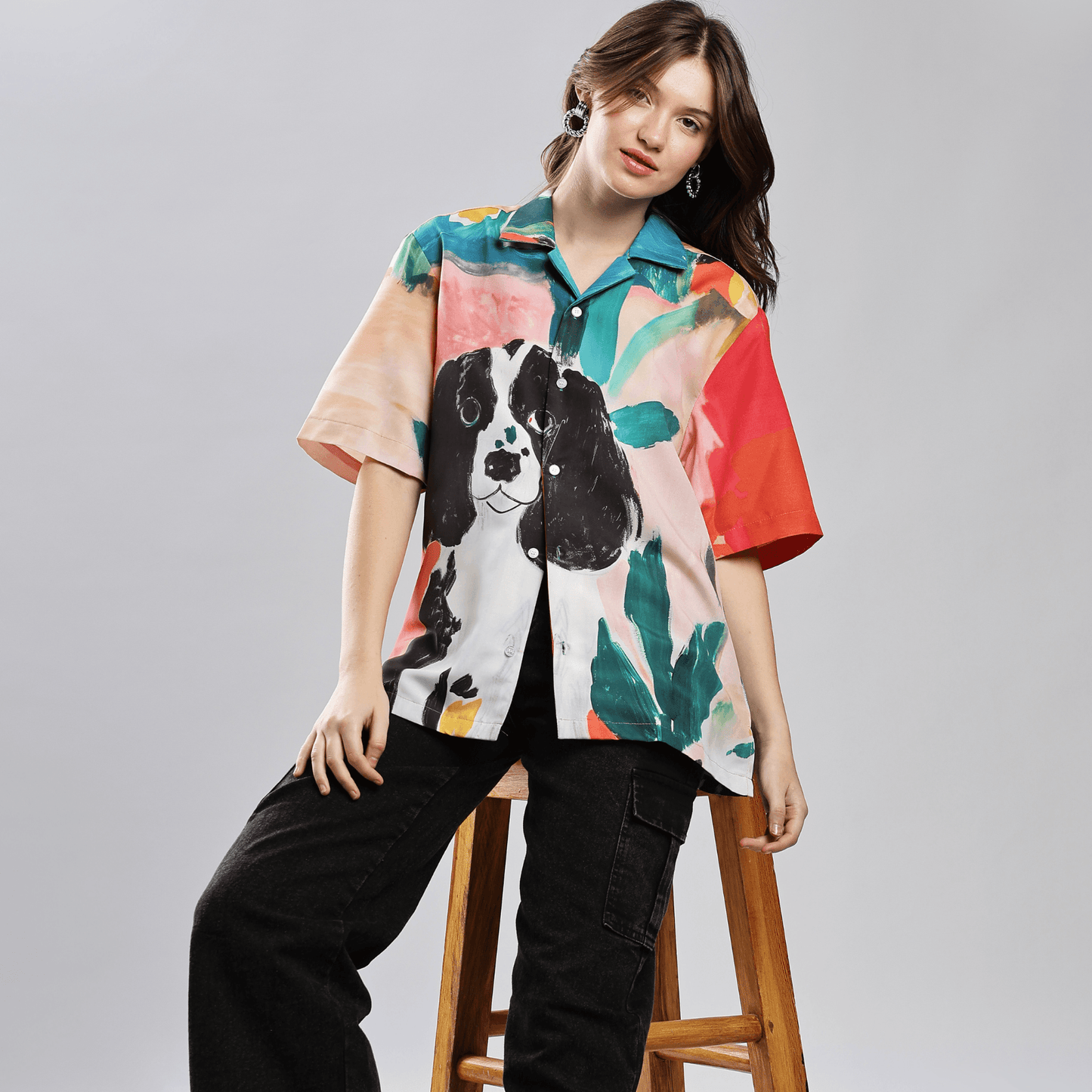 Stylera men's printed resort shirt with colorful canine and botanical print, short sleeve relaxed fit