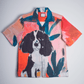 Stylera men's printed resort shirt with large hand-painted dog and tropical leaf print short sleeve button-down