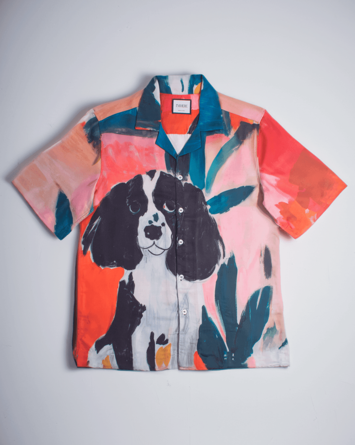 Stylera men's printed resort shirt with large hand-painted dog and tropical leaf print short sleeve button-down