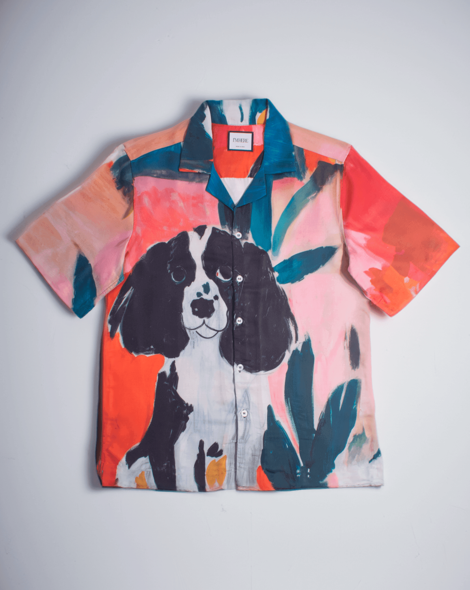 Stylera men's printed resort shirt with large hand-painted dog and tropical leaf print short sleeve button-down