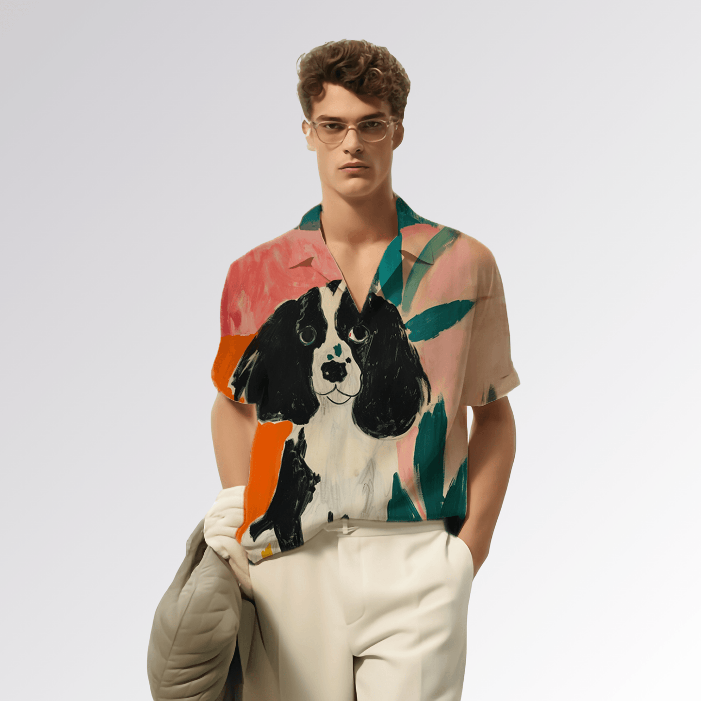 Stylera men's printed resort shirt with hand painted dog print on relaxed short sleeve