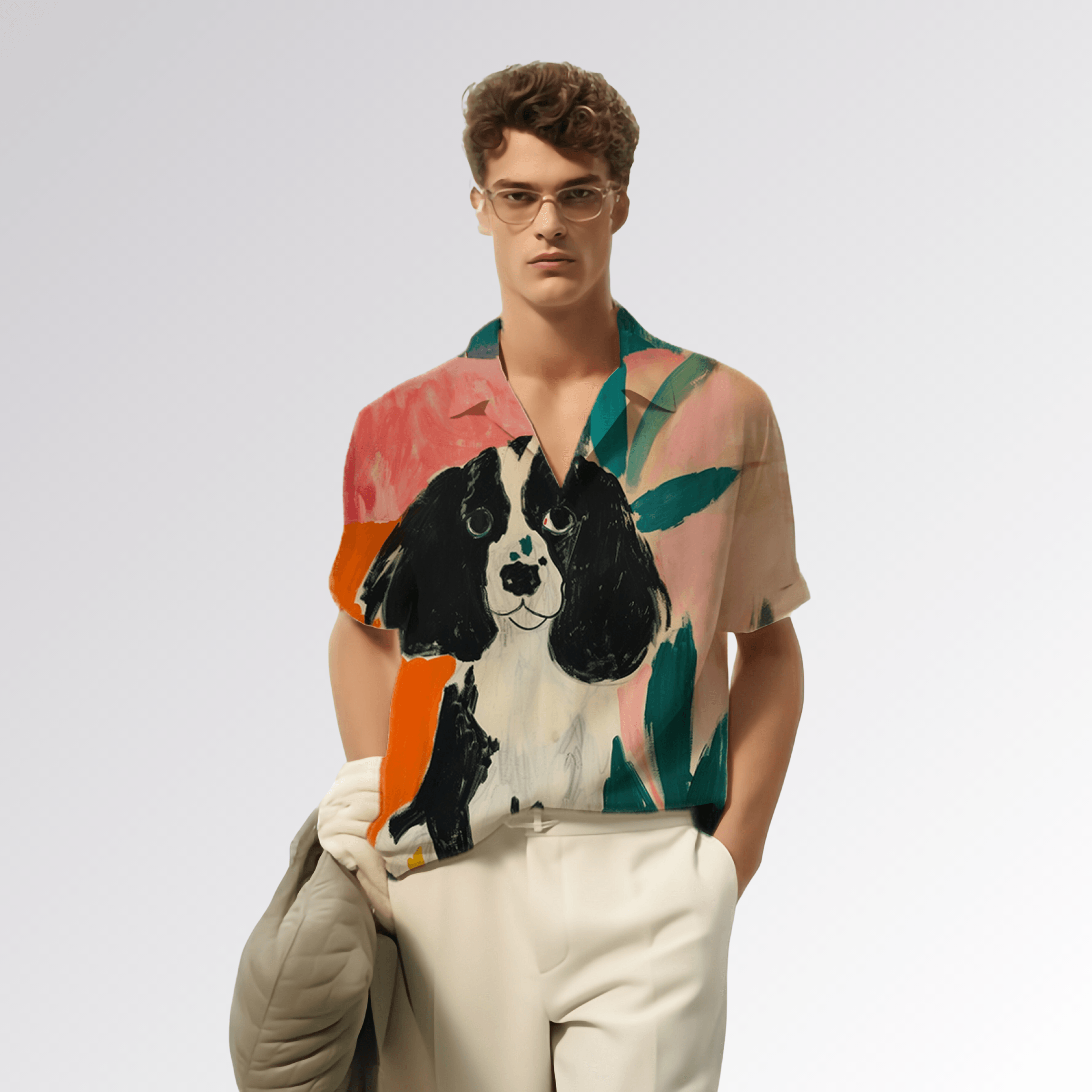 Stylera men's printed resort shirt with hand painted dog print on relaxed short sleeve