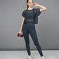 Navy blue breathable workout top with a stylish cropped design, perfect for active wear