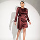 Burgundy satin party dress with long sleeves and a wrapped design for elegant occasions