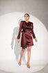 Burgundy satin party dress with long sleeves and a wrapped design for elegant occasions
