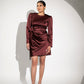 Burgundy satin party dress with puff sleeves and a wrap design for elegant evening wear