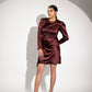 Elegant burgundy satin party dress with puff sleeves for stylish evening occasions