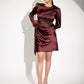 Elegant burgundy satin party dress with puff sleeves and a fitted waist, perfect for special occasions