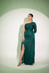 Elegant designer single sleeve gown in green with thigh-high slit for a stylish evening look