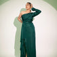 Elegant green designer single sleeve gown with a thigh-high slit for a stylish look, perfect for evening wear