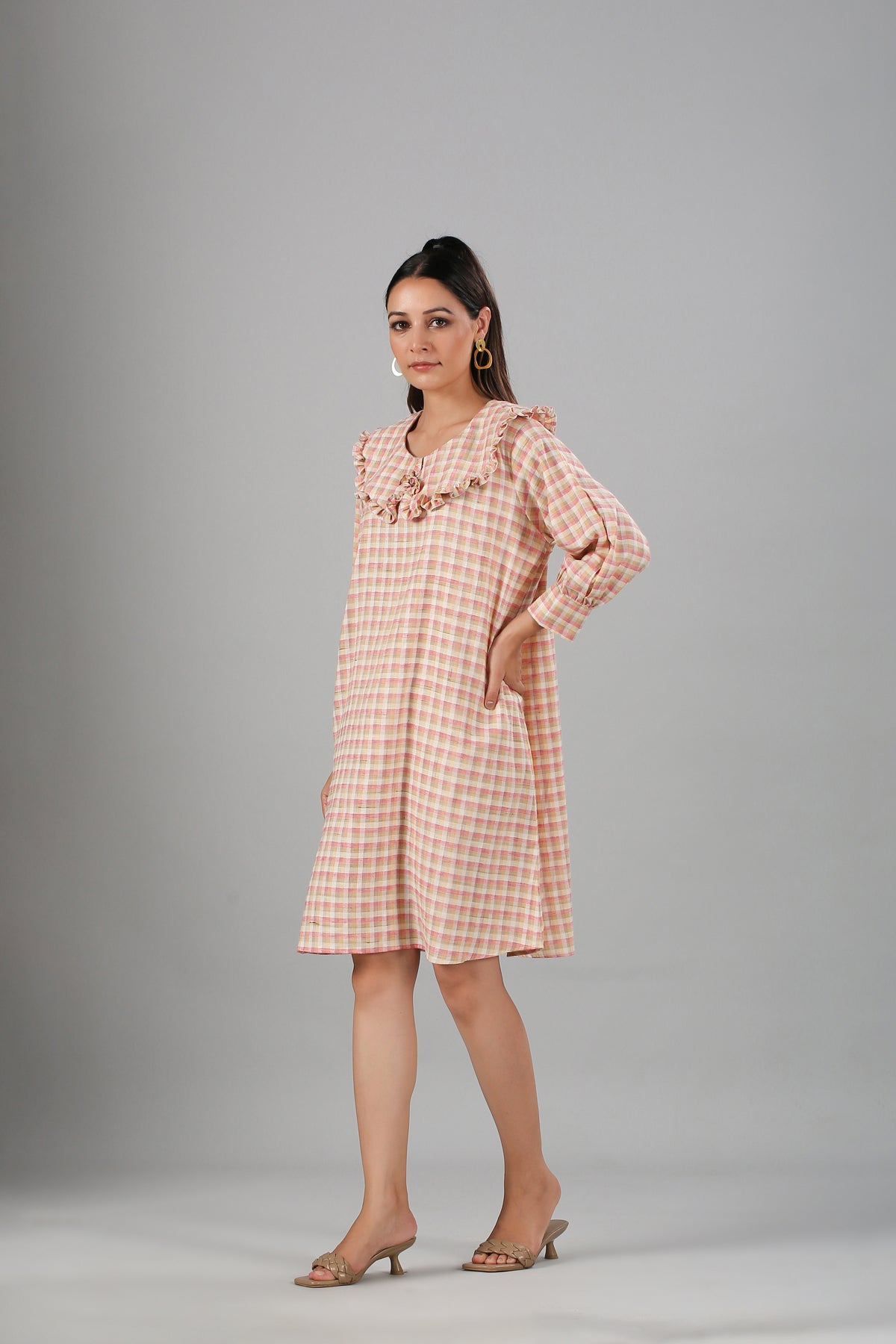 Stylish casual checkered dress for women by Stylera with ruffled neckline and relaxed fit