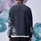 Back view of man wearing Stylera casual flower patterned zip jacket in dark navy with white trim