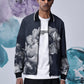 Stylera casual flower patterned zip jacket navy bomber with monochrome floral print