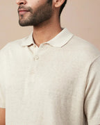 Men's casual linen polo for men in beige knit fabric with a classic collar and three-button placket