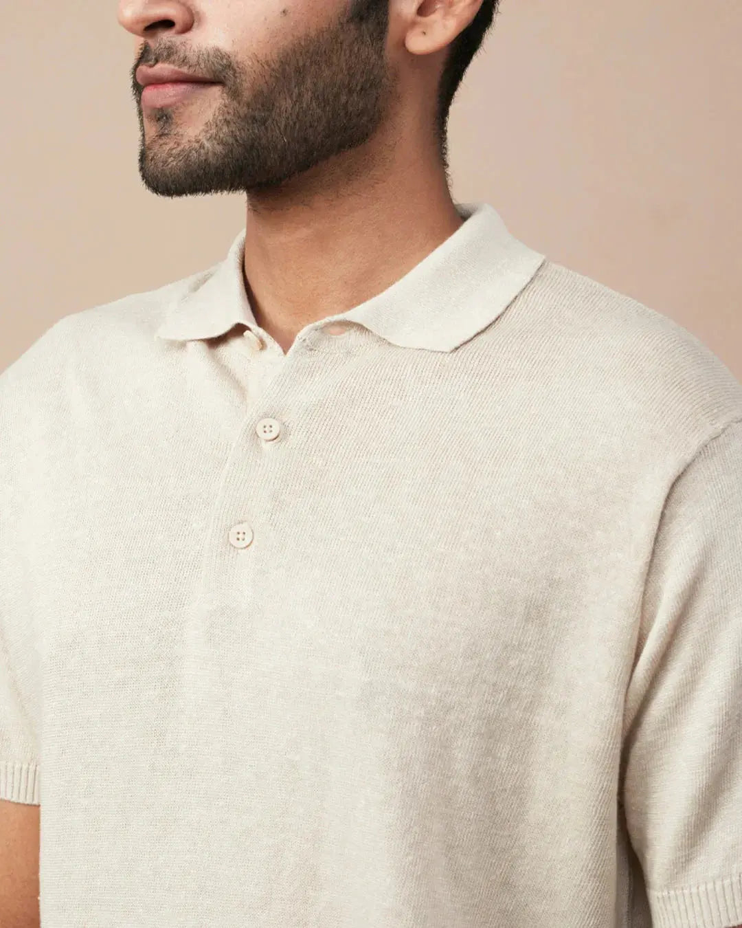 Men's casual linen polo for men in beige knit fabric with a classic collar and three-button placket