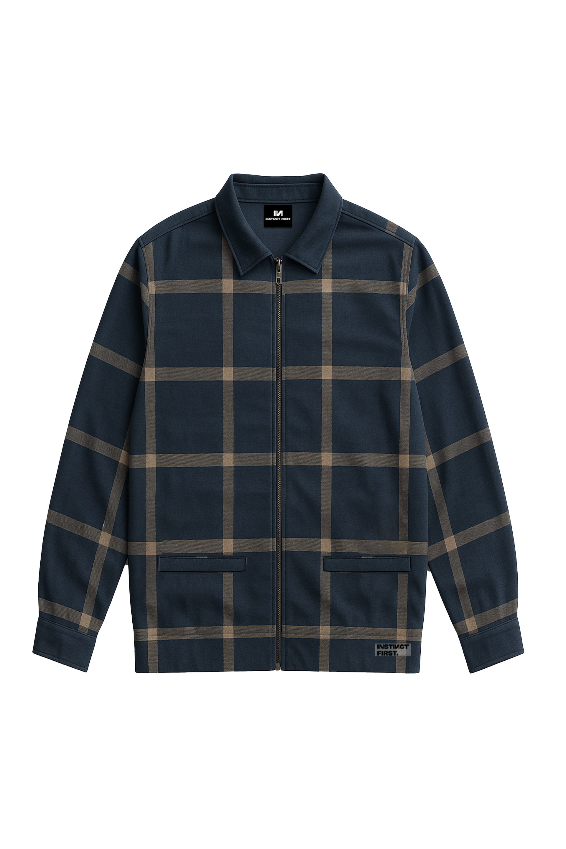 Stylera casual navy shirt jacket with tan windowpane plaid zip front collar and patch pockets
