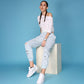 Stylera casual off shoulder lounge set in light blue featuring distressed joggers and a fitted top