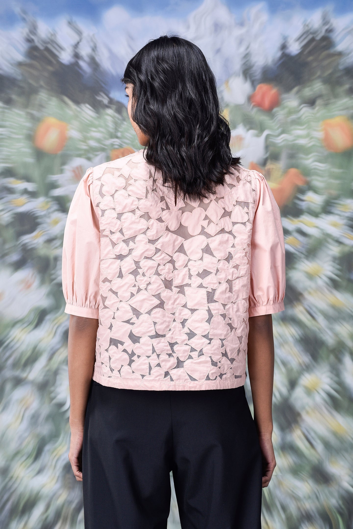 Stylera pink lace back casual semi fit top for women with puff sleeves shown from back