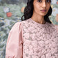 Stylera light pink embroidered floral textured top with puff sleeves casual semi fit top for women