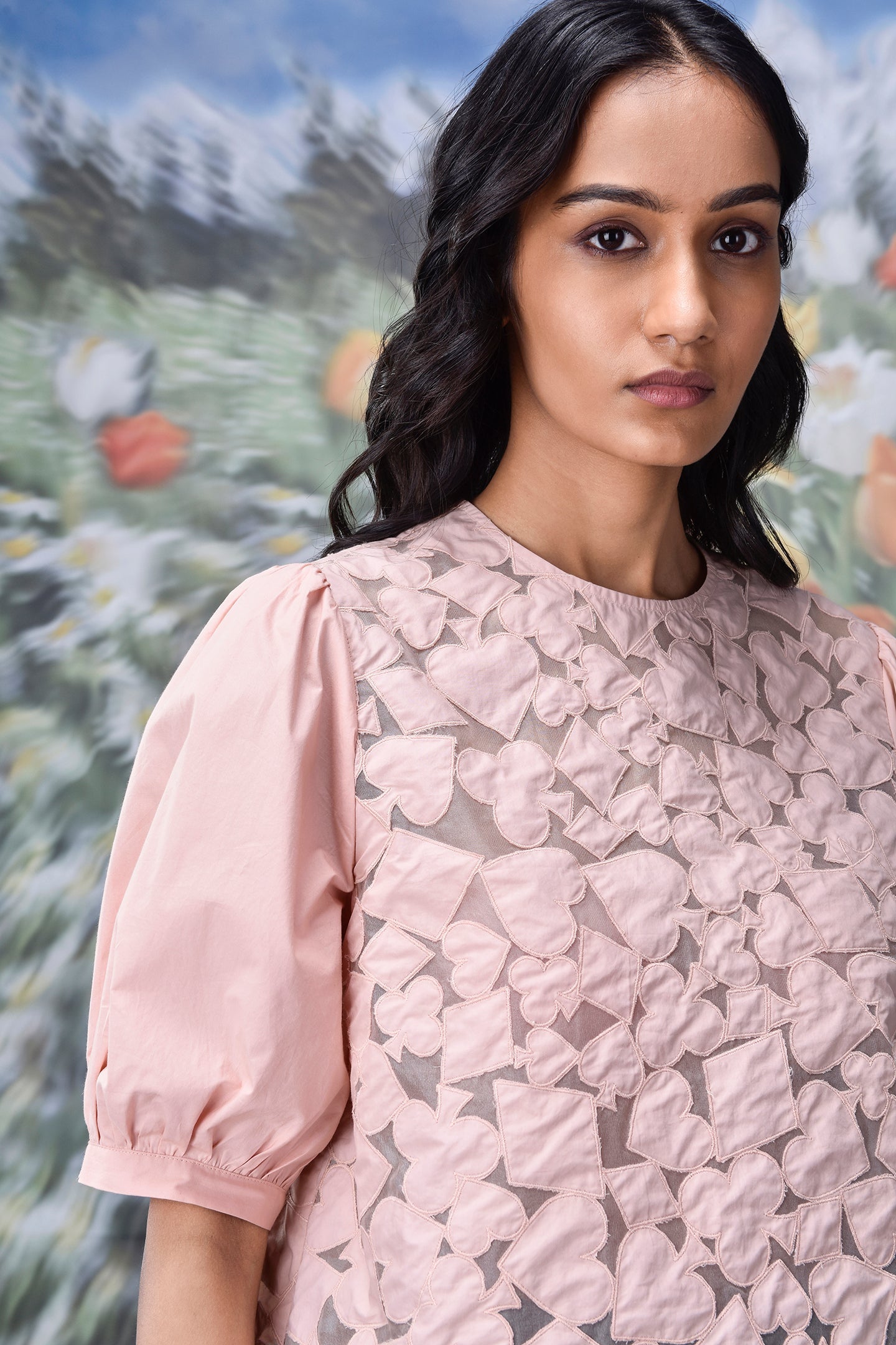 Stylera light pink embroidered floral textured top with puff sleeves casual semi fit top for women