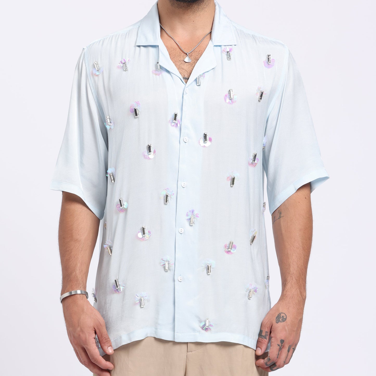 Light blue Stylera casual short sleeve shirts for men with colorful floral embroidery