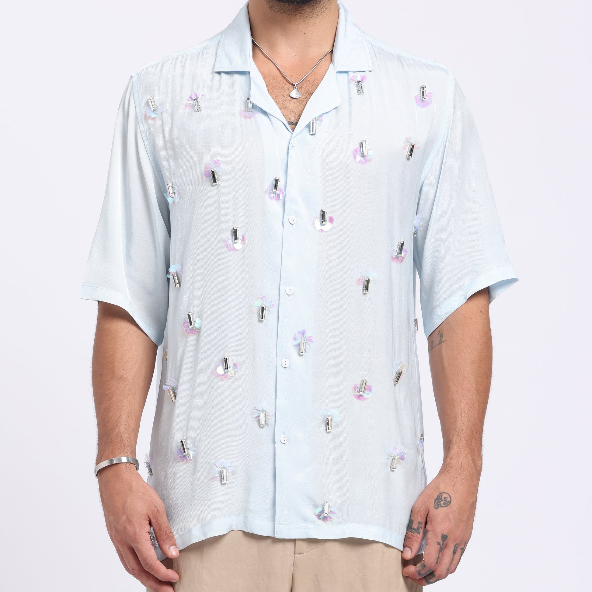 Light blue Stylera casual short sleeve shirts for men with colorful floral embroidery