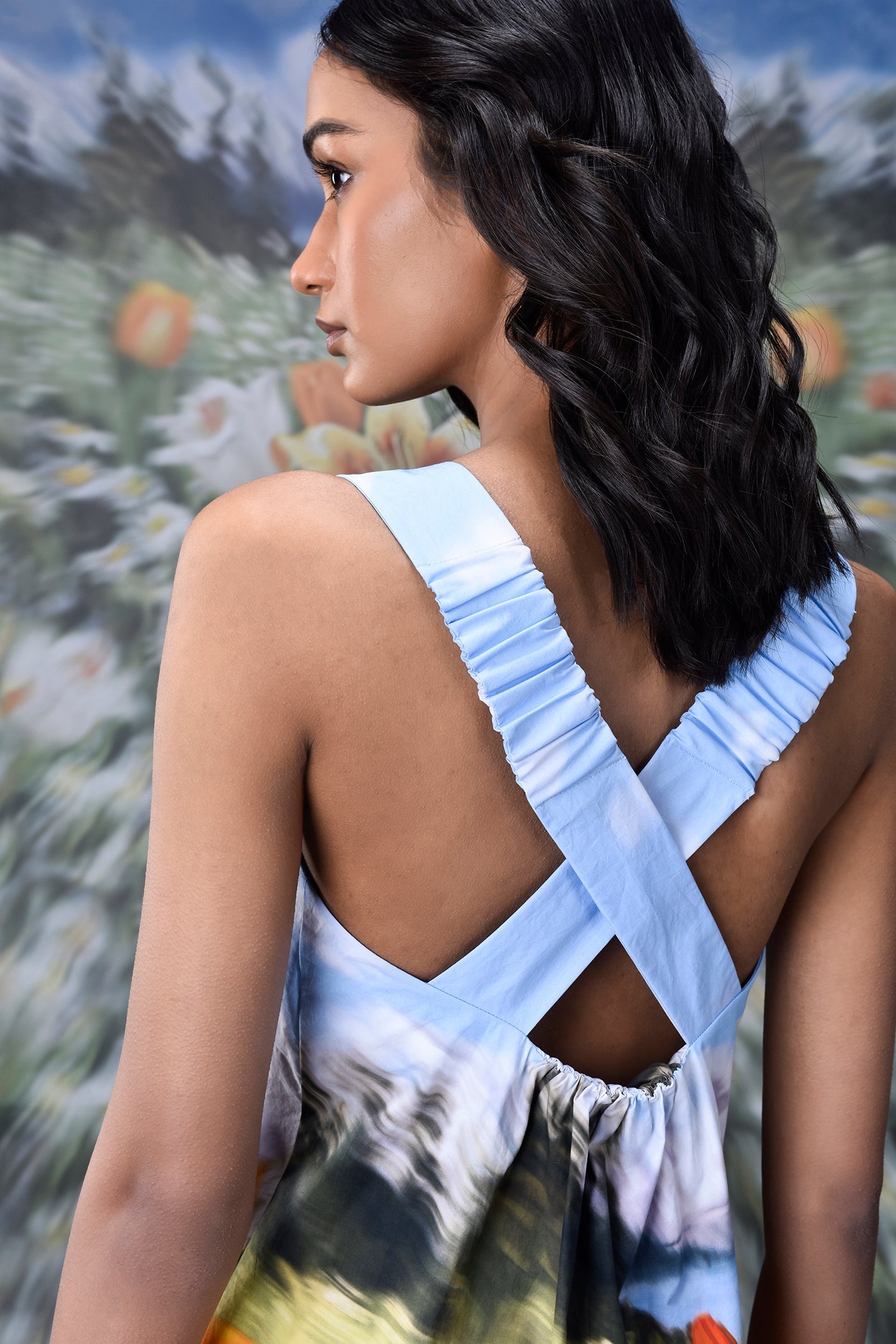 Stylera casual sleeveless dress floral with crossed back blue straps and watercolor floral print skirt