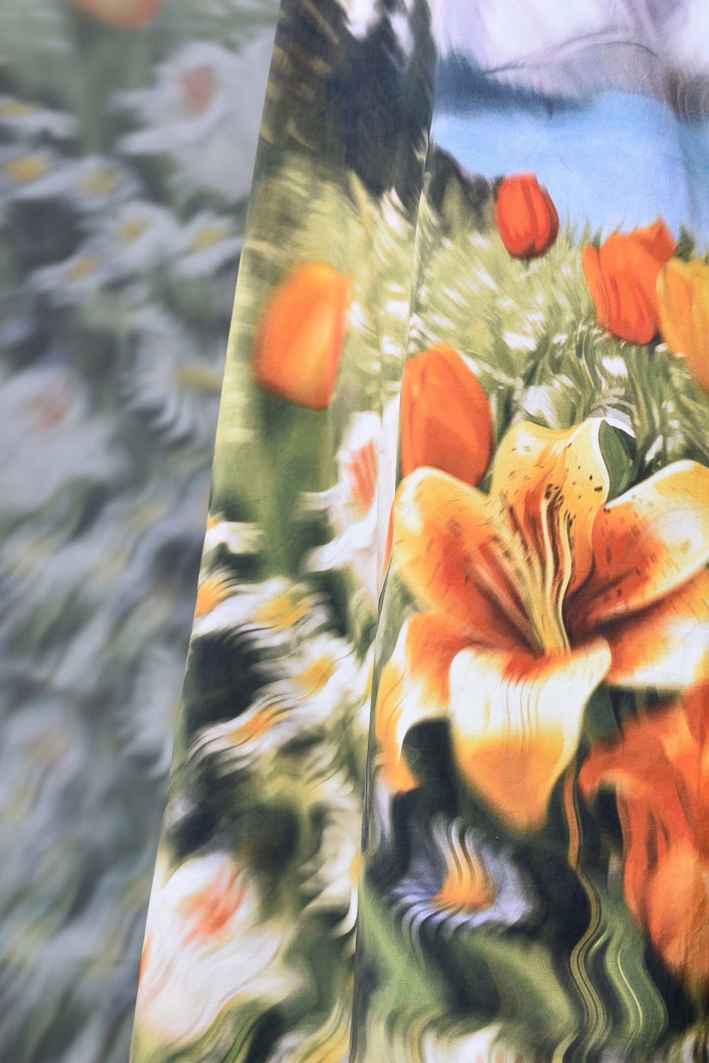 Stylera casual sleeveless dress floral print with orange lilies and green meadow pattern