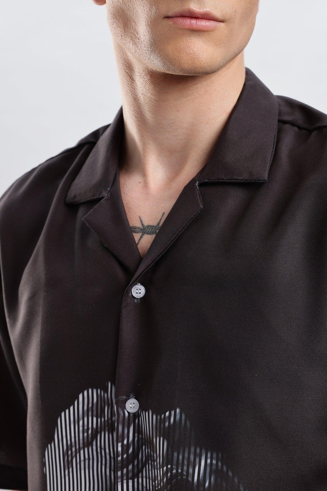 Stylera black camp collar shirt with striped graphic front and white buttons on male model casual statement shirts for men