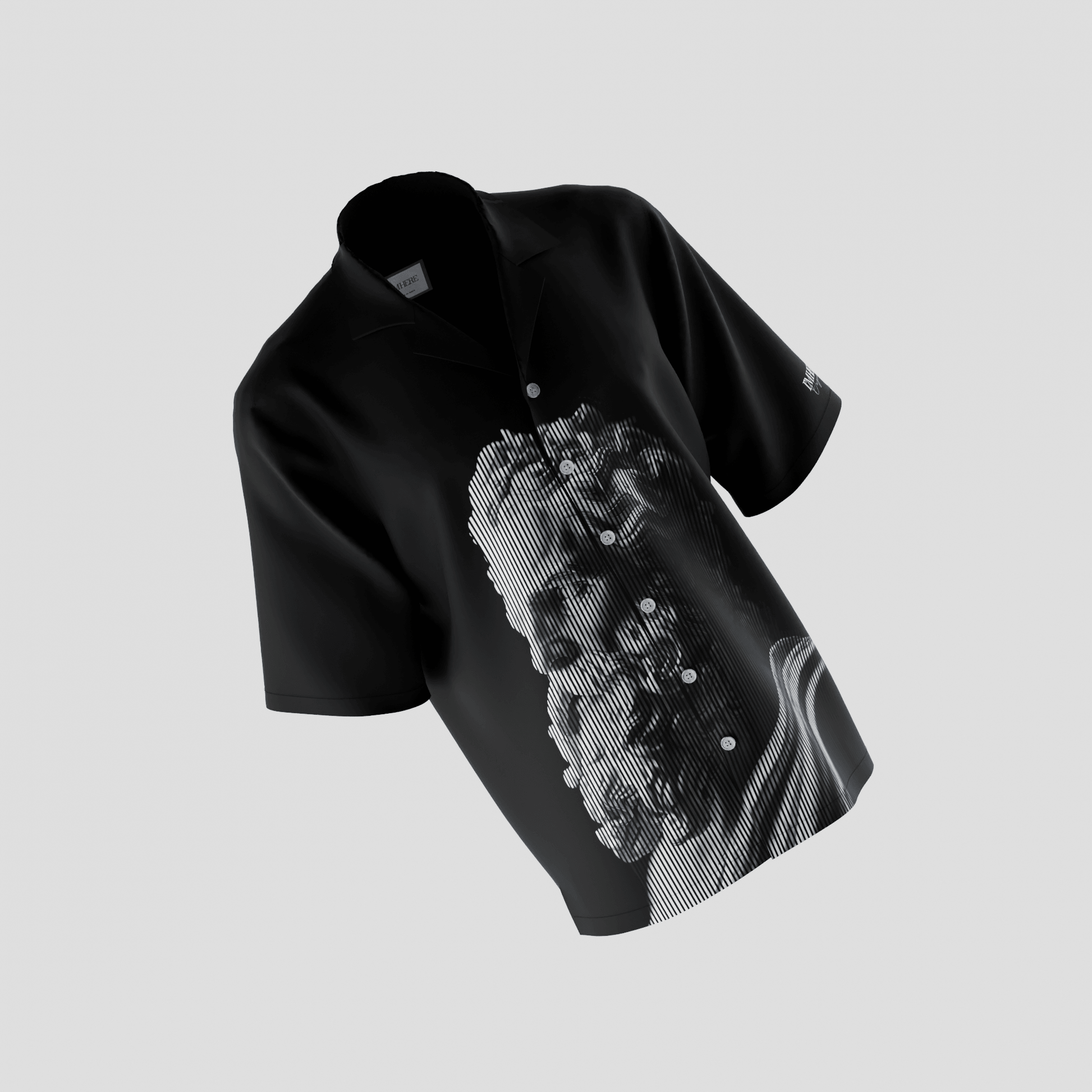 Stylera black short sleeve button shirt with large monochrome statue graphic casual statement shirts for men