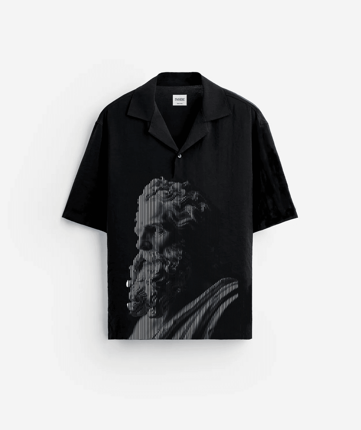 Stylera black camp collar short sleeve shirt with classical statue bust graphic halftone design casual statement shirts for men