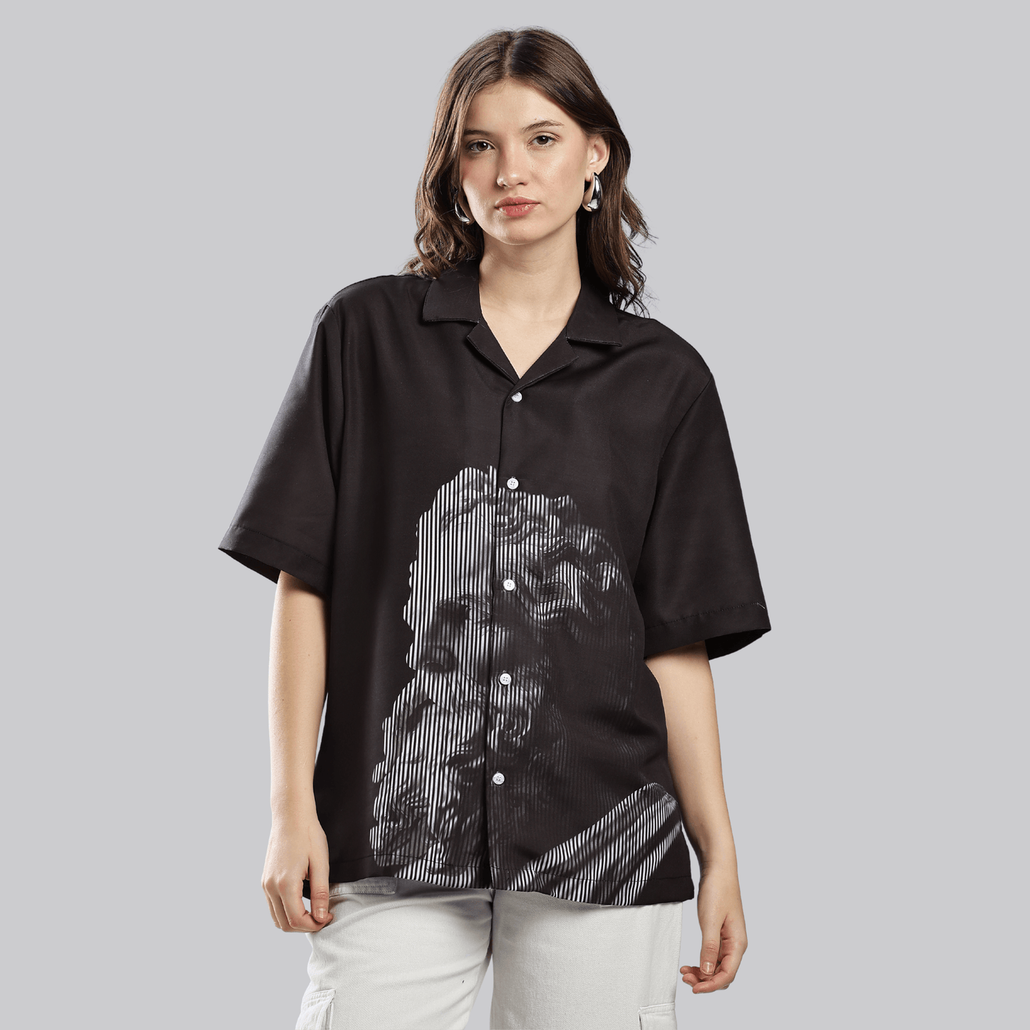 Stylera black short sleeve button shirt with classical statue graphic front casual statement shirts for men