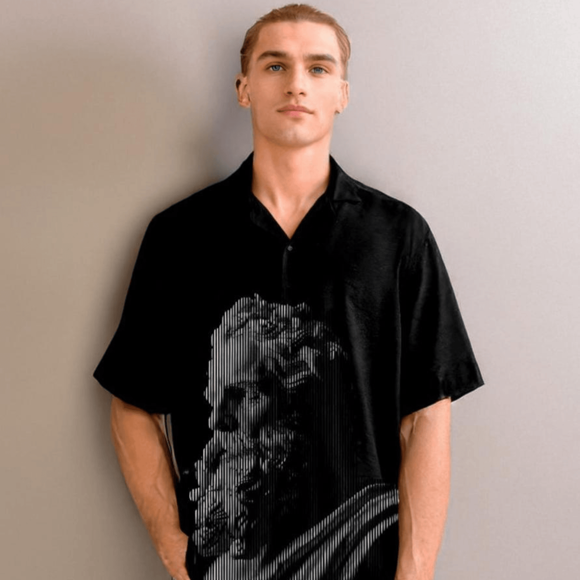 Stylera black camp collar shirt with large statue stripe graphic on front casual statement shirts for men