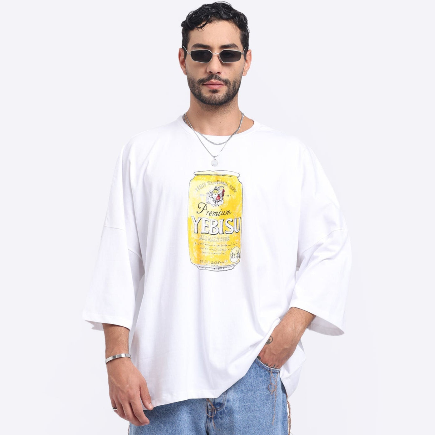 Stylera casual streetwear t-shirt in white featuring a Yebisu beer graphic design