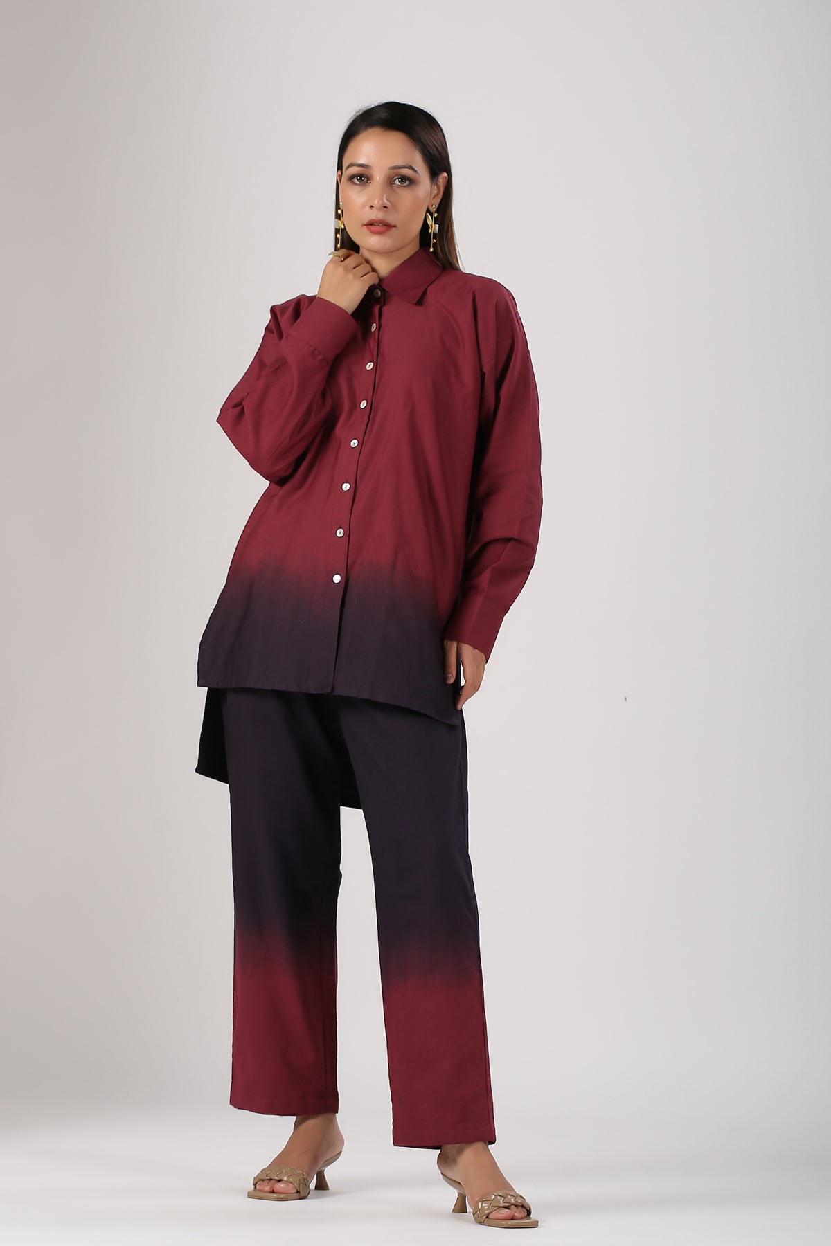 Stylera casual two-piece ombre outfit featuring a button-up top and matching pants in a gradient design