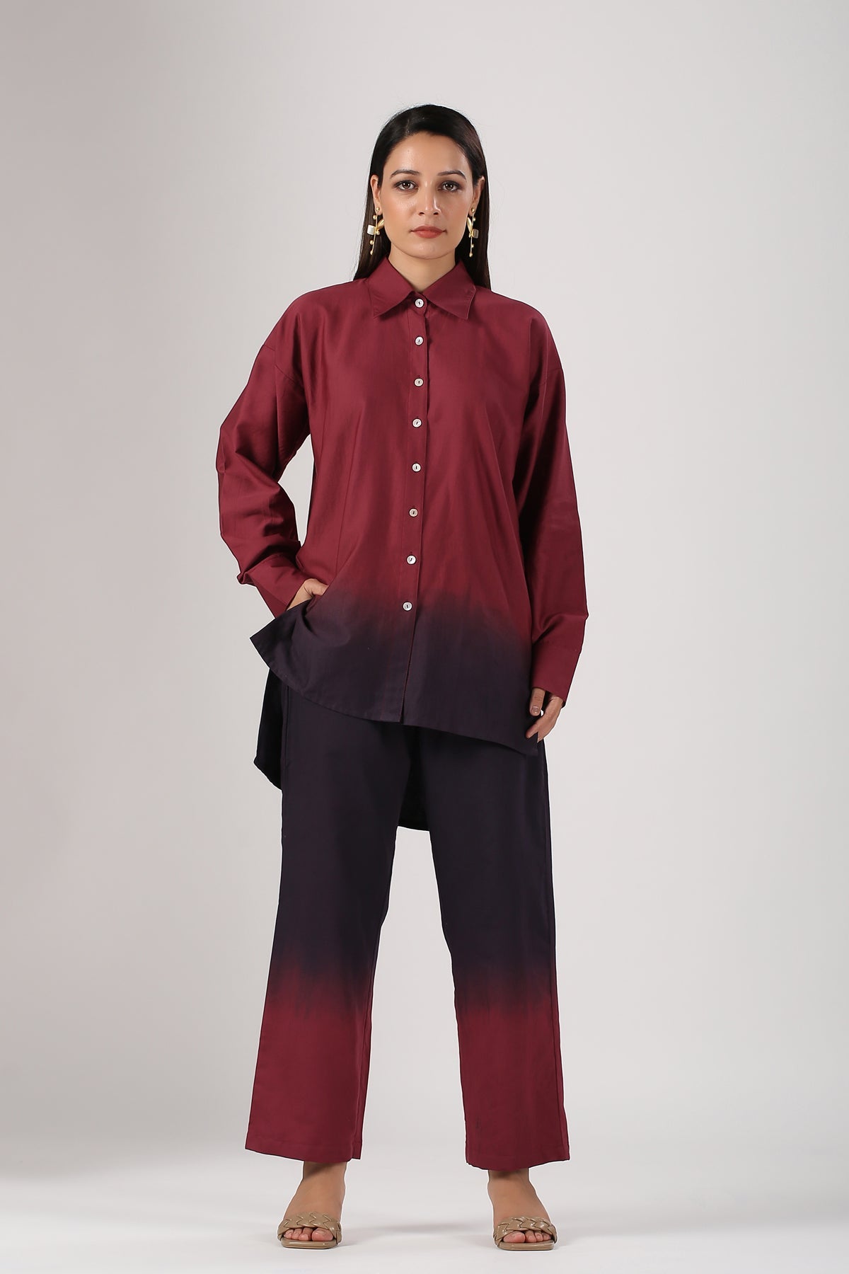 Stylera casual two-piece ombre outfit featuring a stylish shirt and matching pants in burgundy and navy