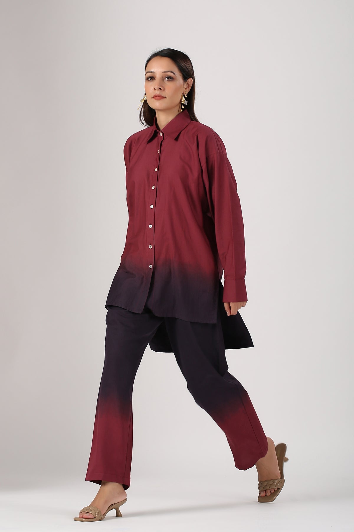 Stylish casual two-piece ombre outfit in burgundy and navy with a button-up shirt and matching pants