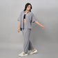 Stylish gray casual two piece outfit for women featuring a short-sleeve top and matching pants
